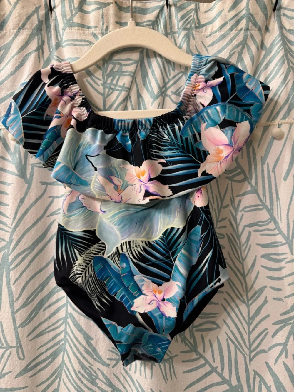 Adorable Ruffle Top Swimsuit in Orchid Isle Print Handmade in Hawaii by Iwa Why
